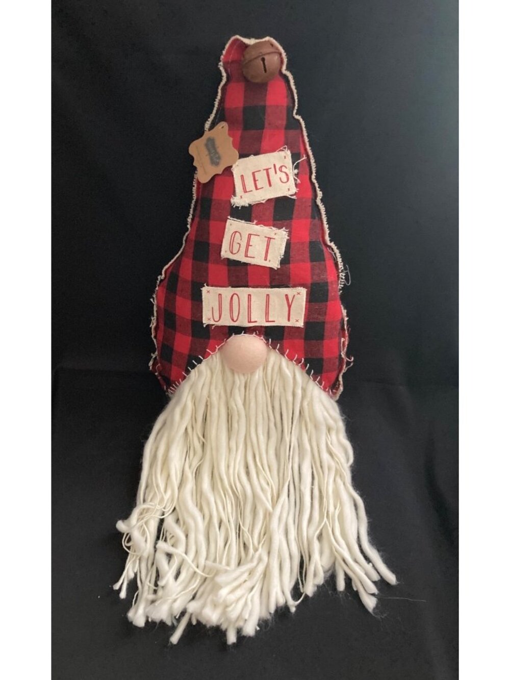 Mud Pie "Lets Get Jolly" Red Buffalo Plaid Gnome Pillow - Rustic Holiday Decor